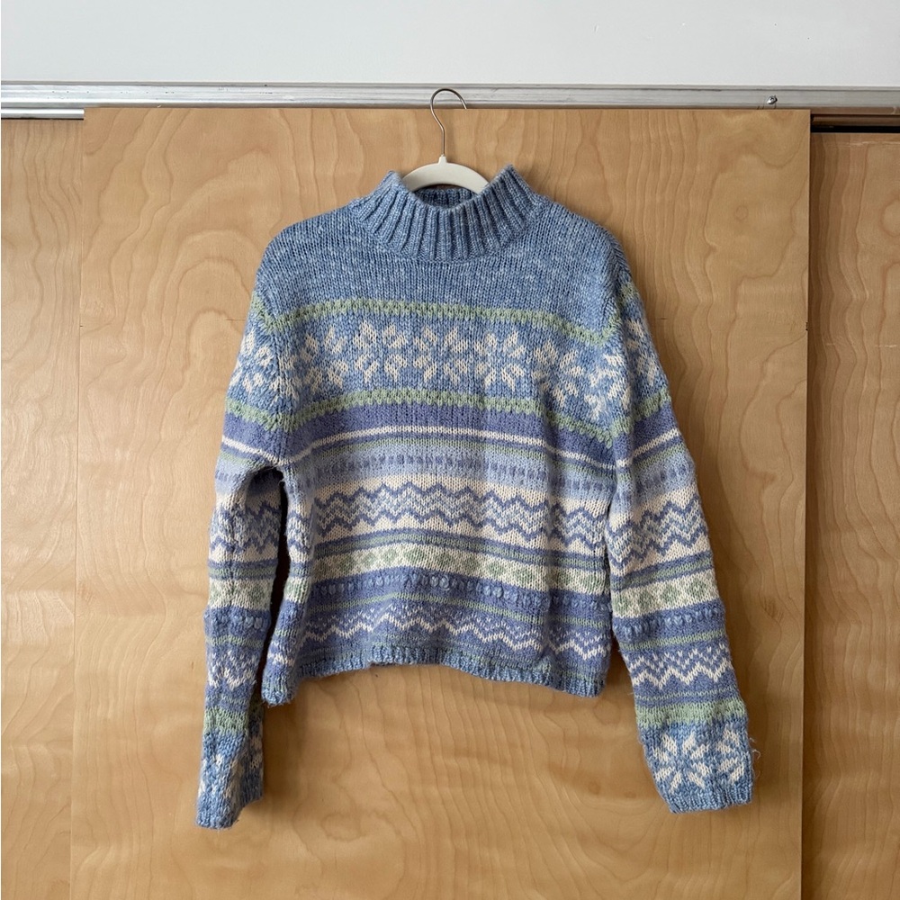 Sonoma Blue & Green Patterned Knit Turtleneck Sweater 🧶